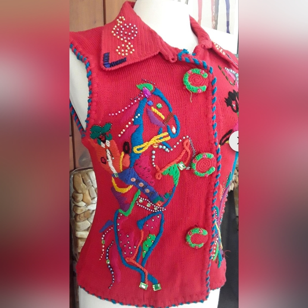 SM/MED Vintage Michael Simon Red Beaded Rodeo-theme Vest - Picture 2 of 7